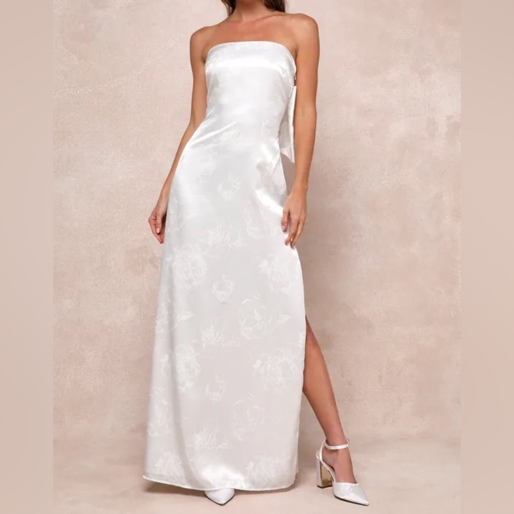 Lulu's White Strapless Satin Jacquard Maxi Dress